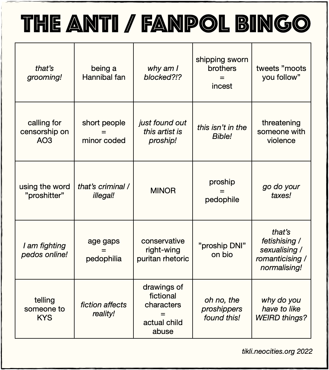 The Anti / Fanpol Bingo Chart