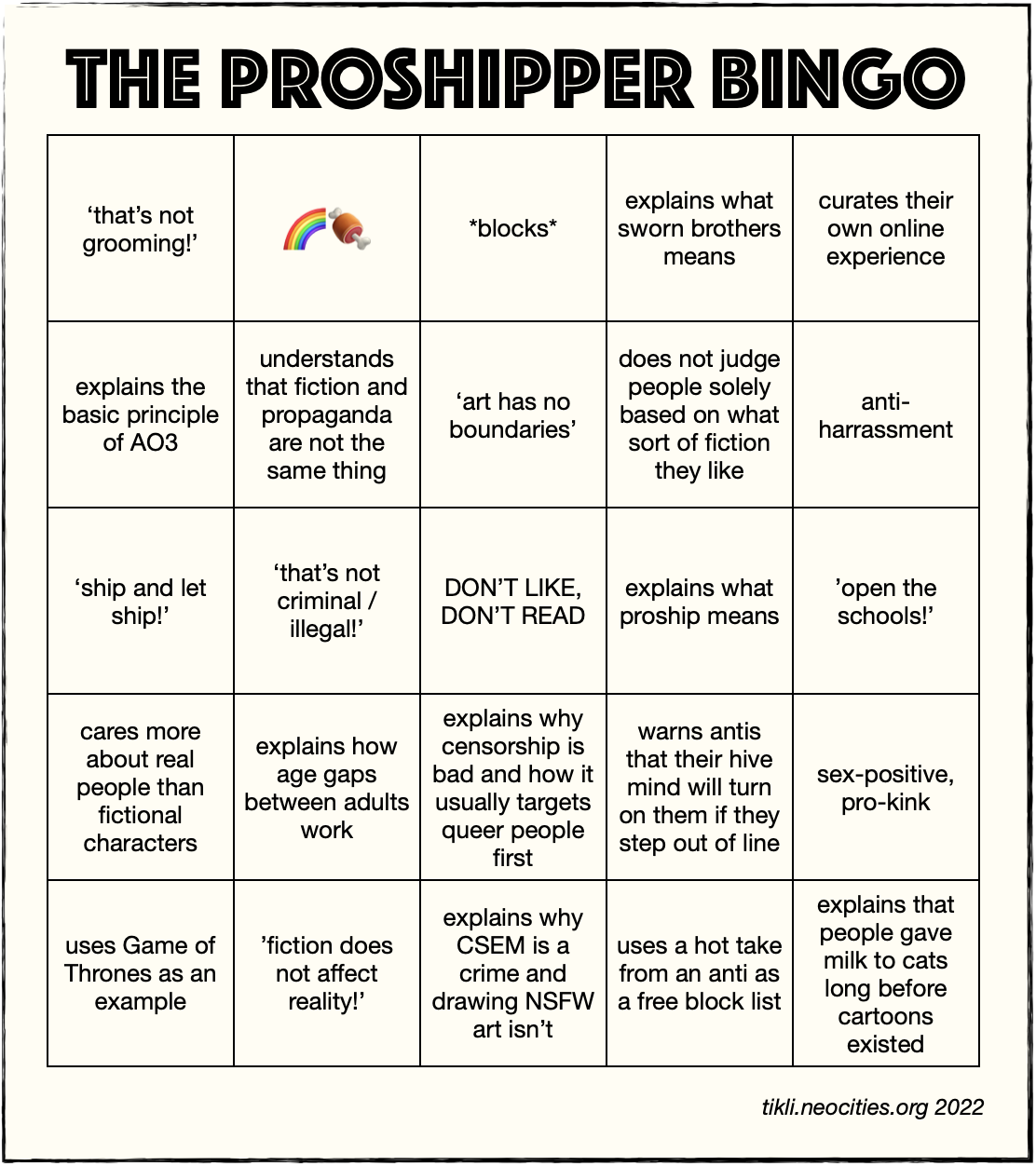 The Proshipper Bingo Chart
