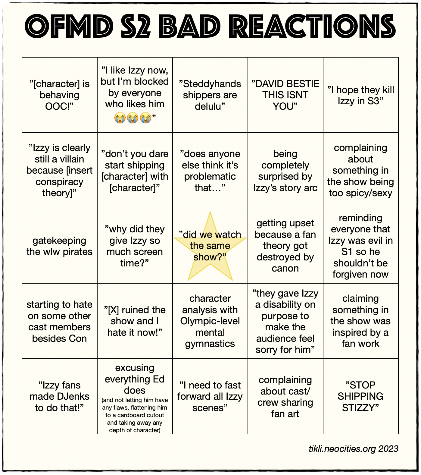 OFMD S2 Bad Reactions Bingo Chart