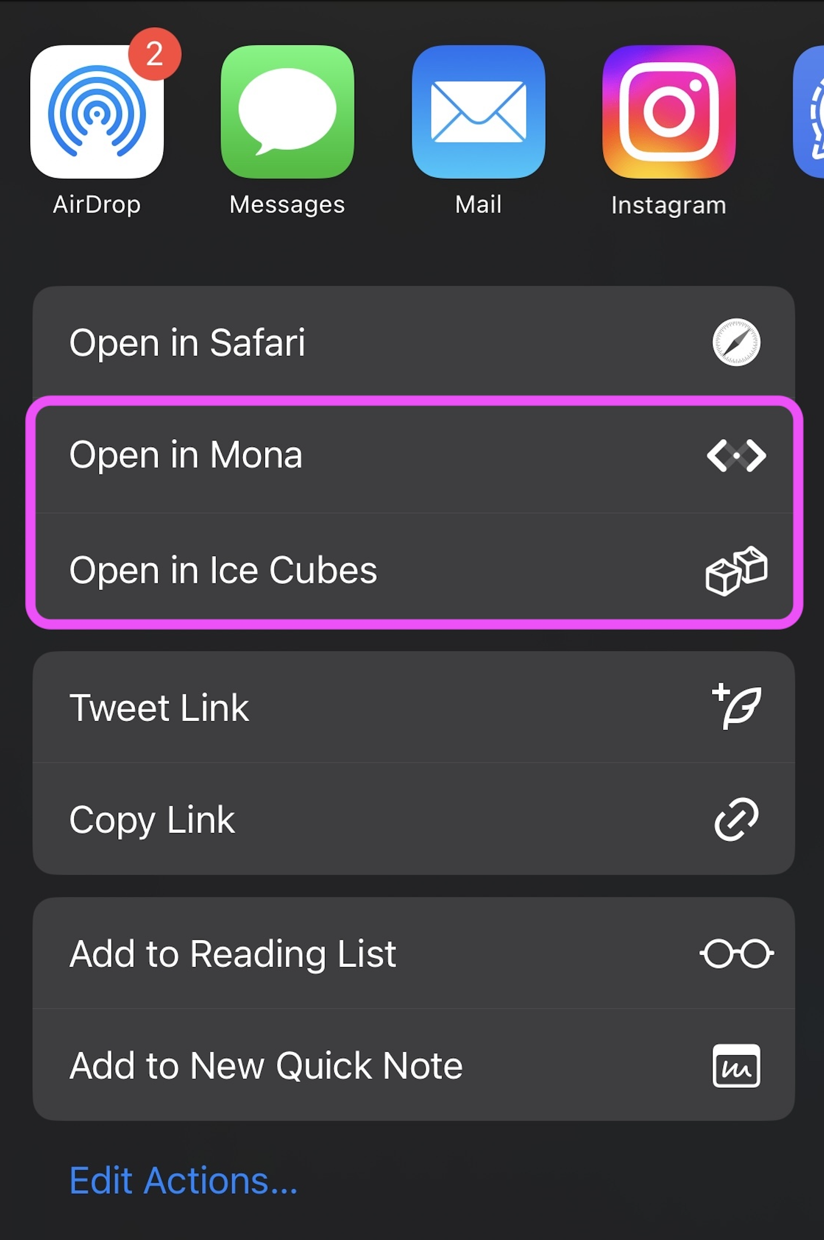 A screenshot of iPhone's Share Sheet where Mona and Ice Cubes are now in Favourites.'