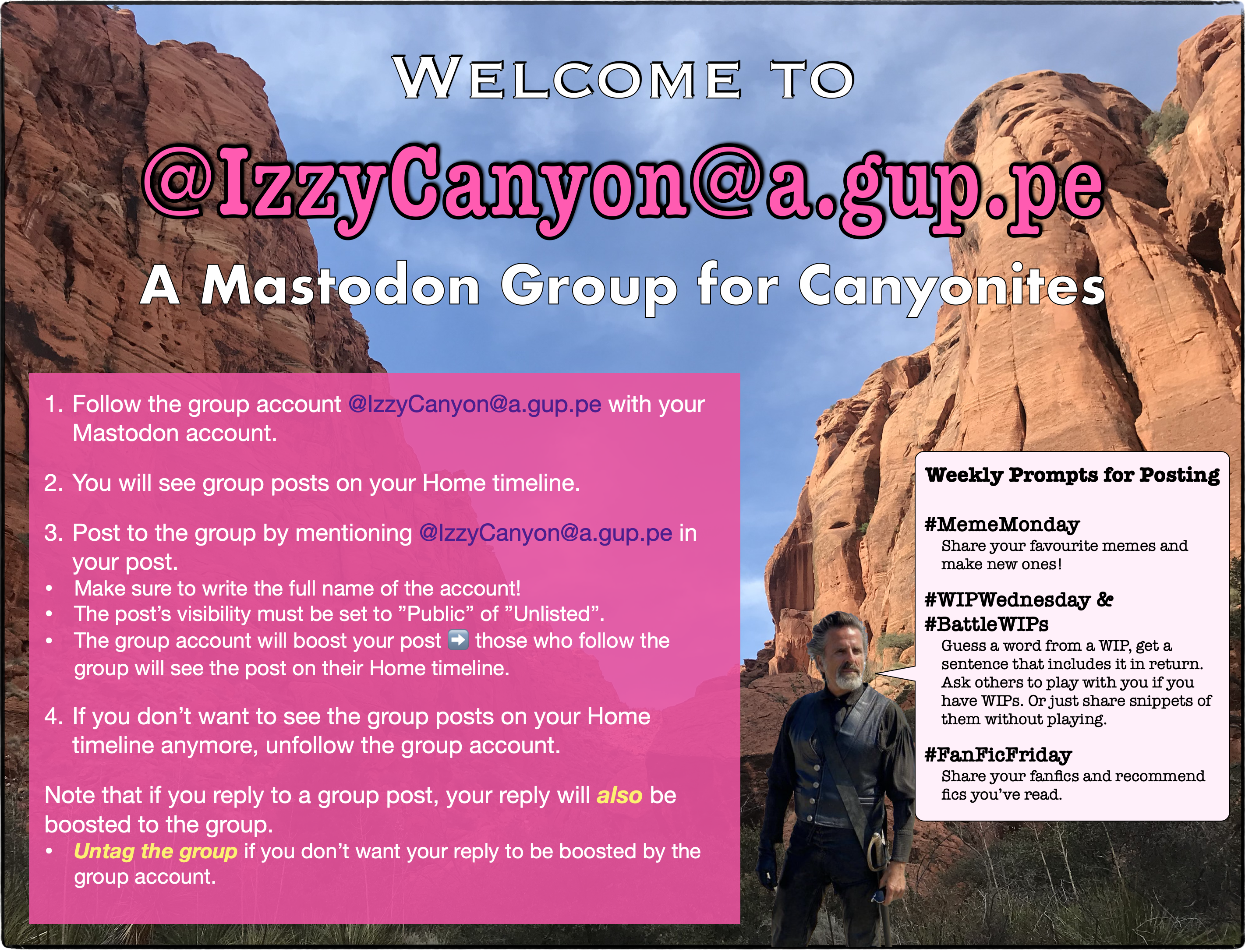 An infographic containing the instructions on how to join and use the Izzy Canyon group. It also has the list of theme days.