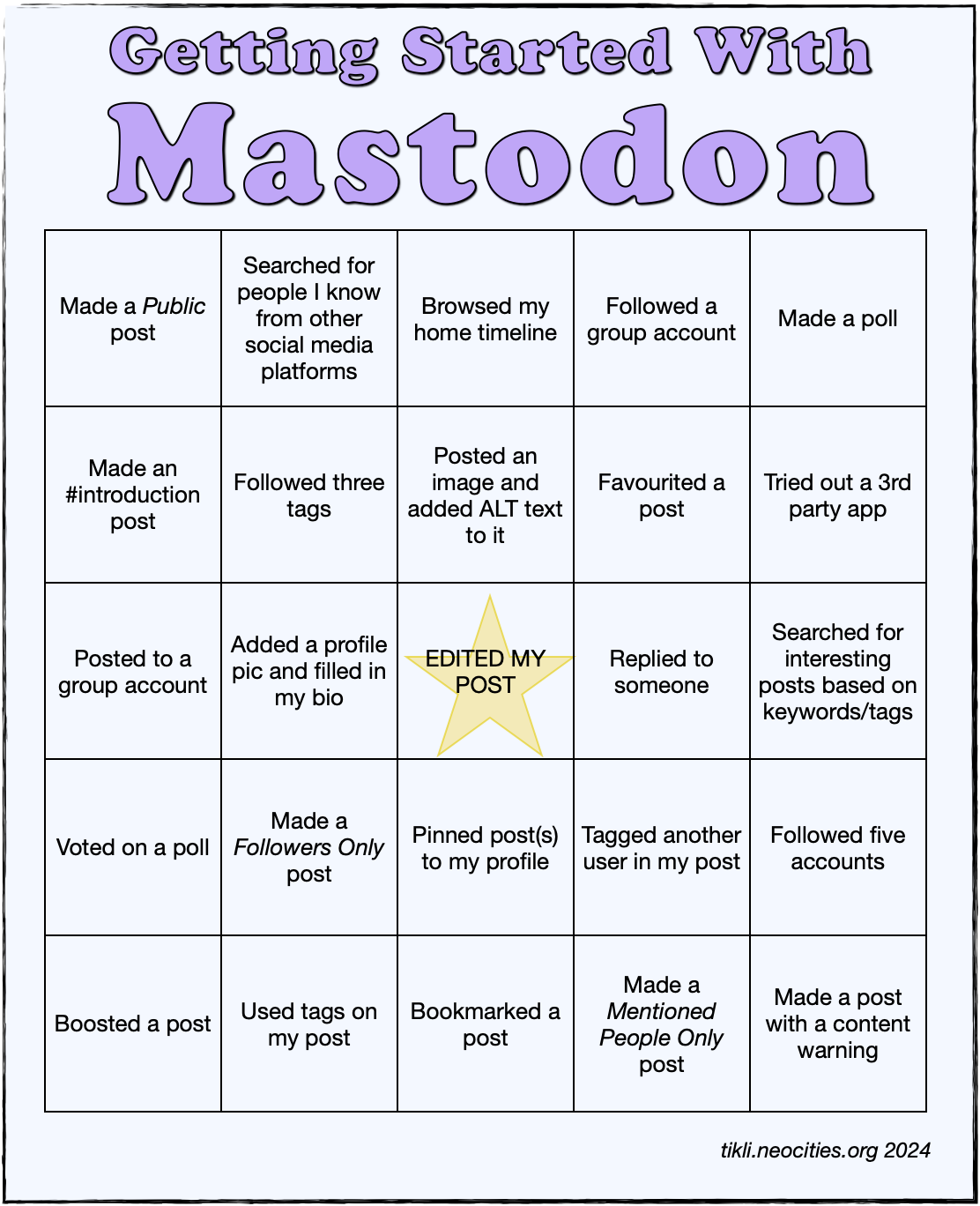 Getting Started With Mastodon Bingo Chart