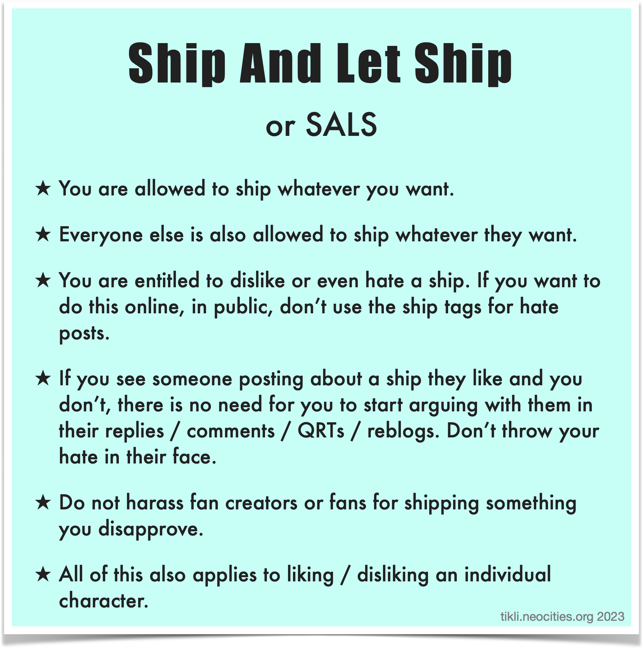 An infographic that looks like a bright turquoise sticky note, containing the Ship And Let Ship bullet points that precede the image.