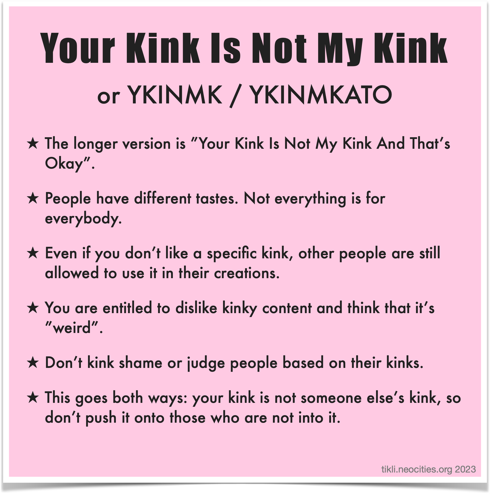 An infographic that looks like a pink sticky note, containing the Your Kink Is Not My Kink bullet points that precede the image.