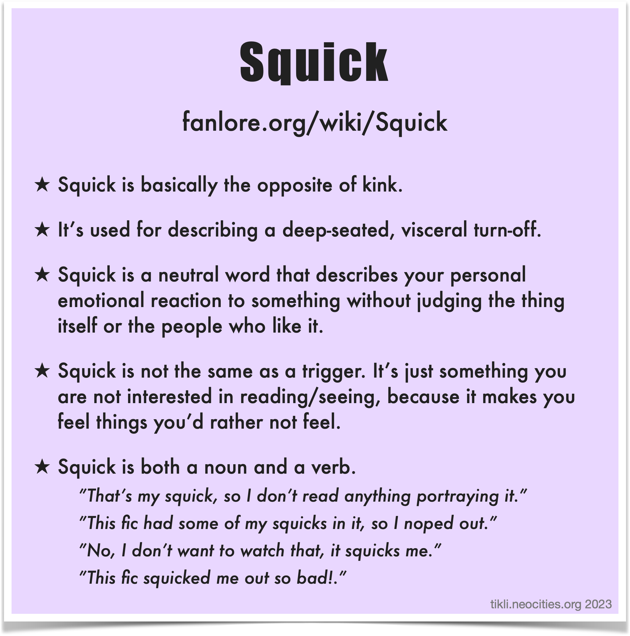 An infographic that looks like a light purple sticky note, containing the description of Squick that precedes the image.