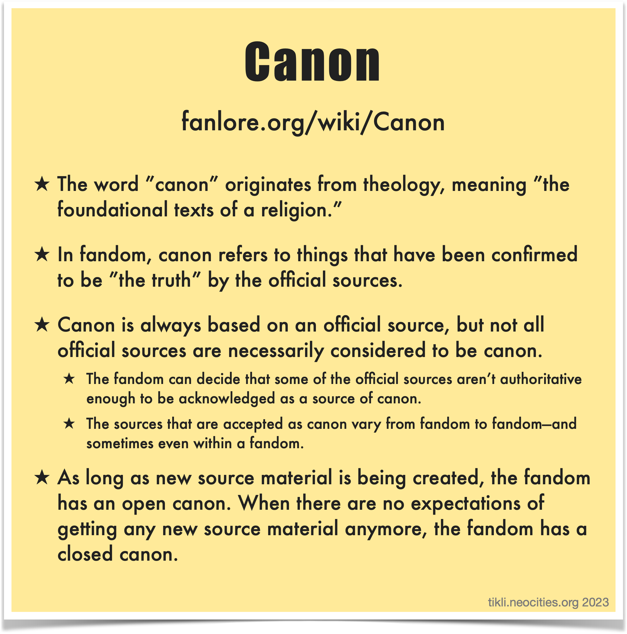 An infographic that looks like an yellow sticky note, containing the description of Canon that precedes the image.